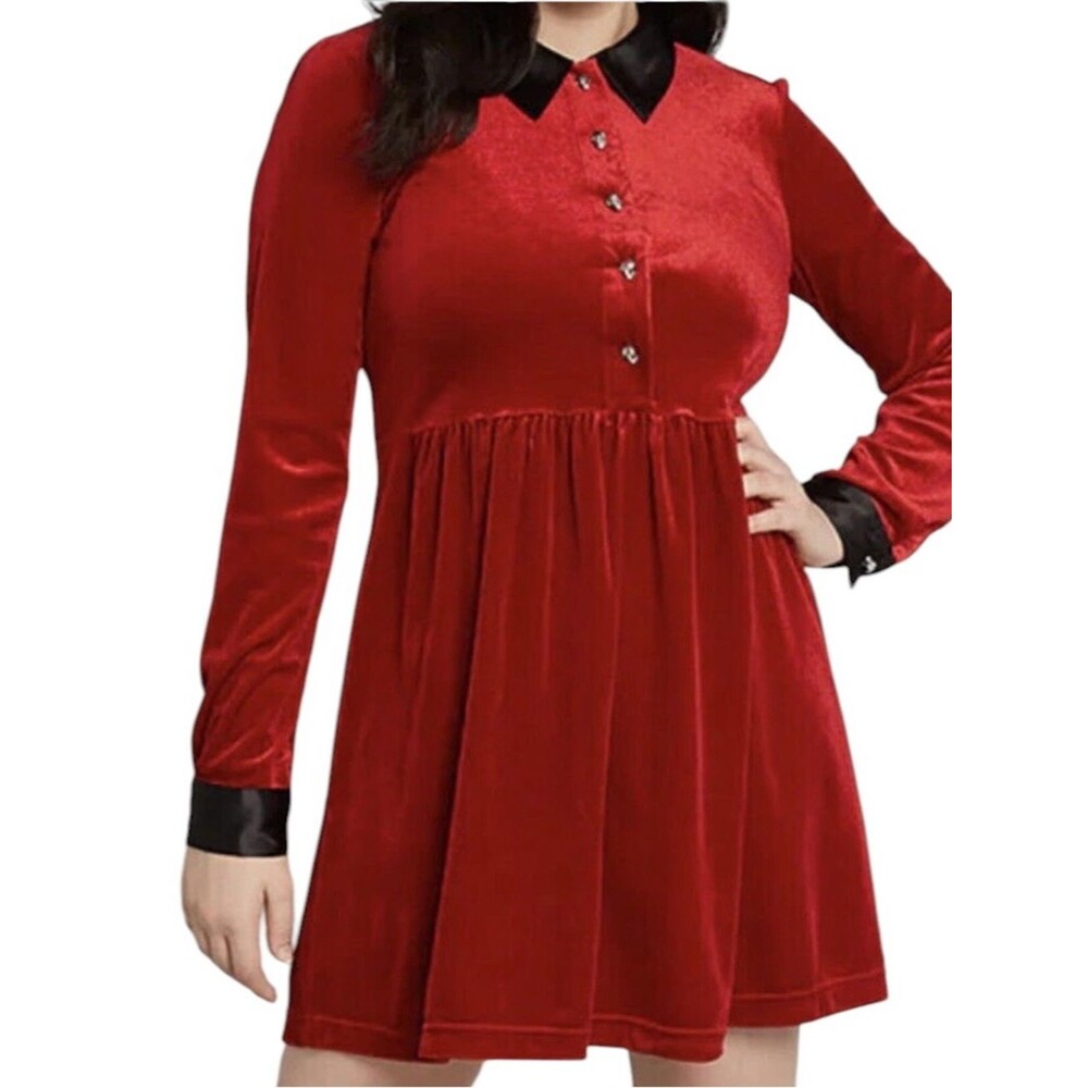 ModCloth Gothic Plus 3X Wednesday Adams Crushed Red Velvet Skull Button Dress